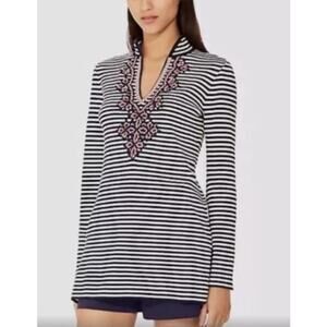 Tory Burch Nautical Resort Blue White Striped Cotton Tunic Medium Preppy Beach